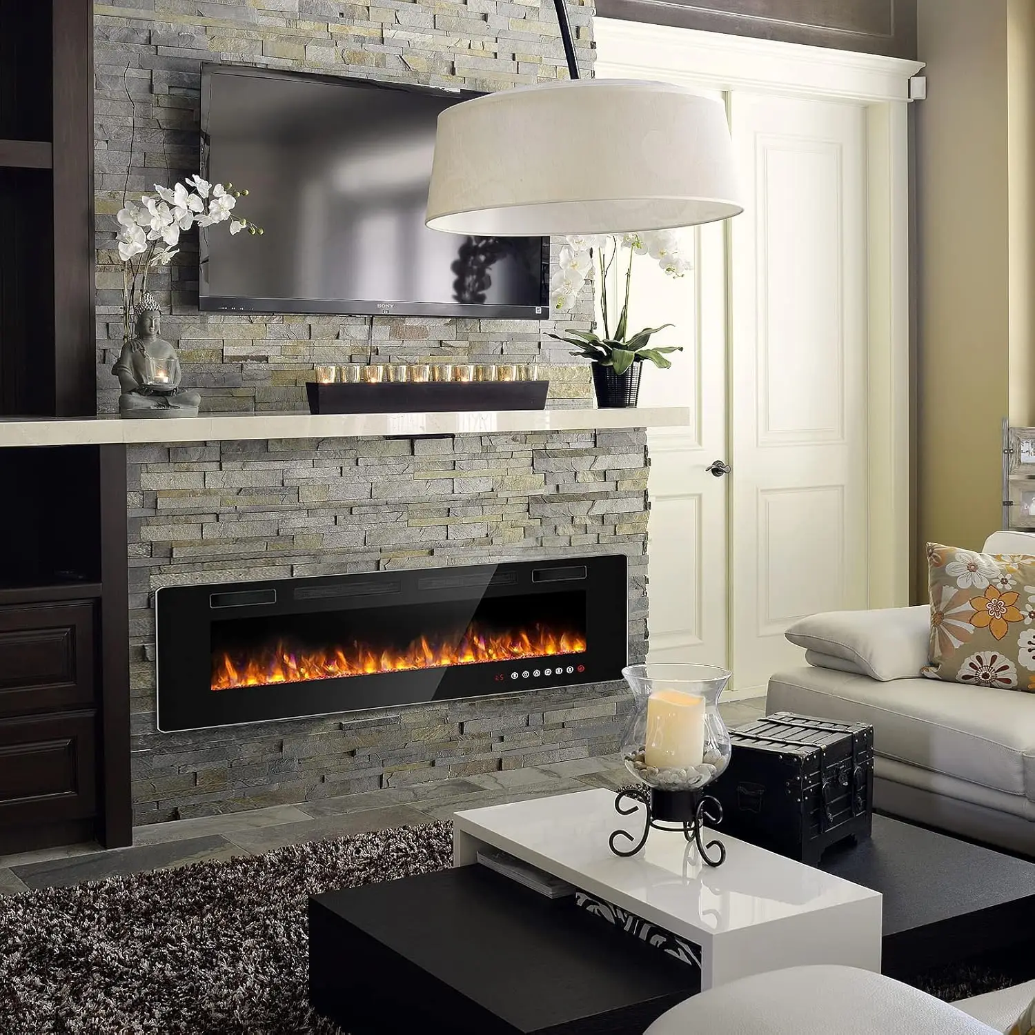 Ultra-Thin Silence Linear Electric Fireplace, Recessed Wall Mounted Fireplace, Fit for 2 x 4 and 2 x 6 Stud