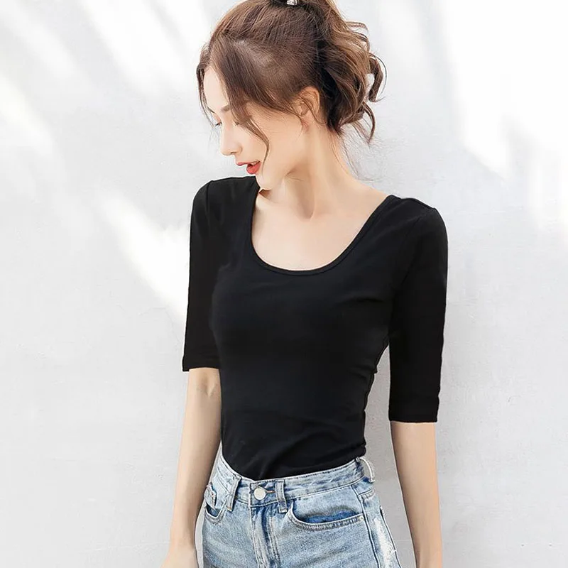 Casual Black White Mid-Sleeve T-Shirt for Women Korean Skinny Backless O-Neck Tops Female 2023 Summer Sexy Cotton Primer Shirt