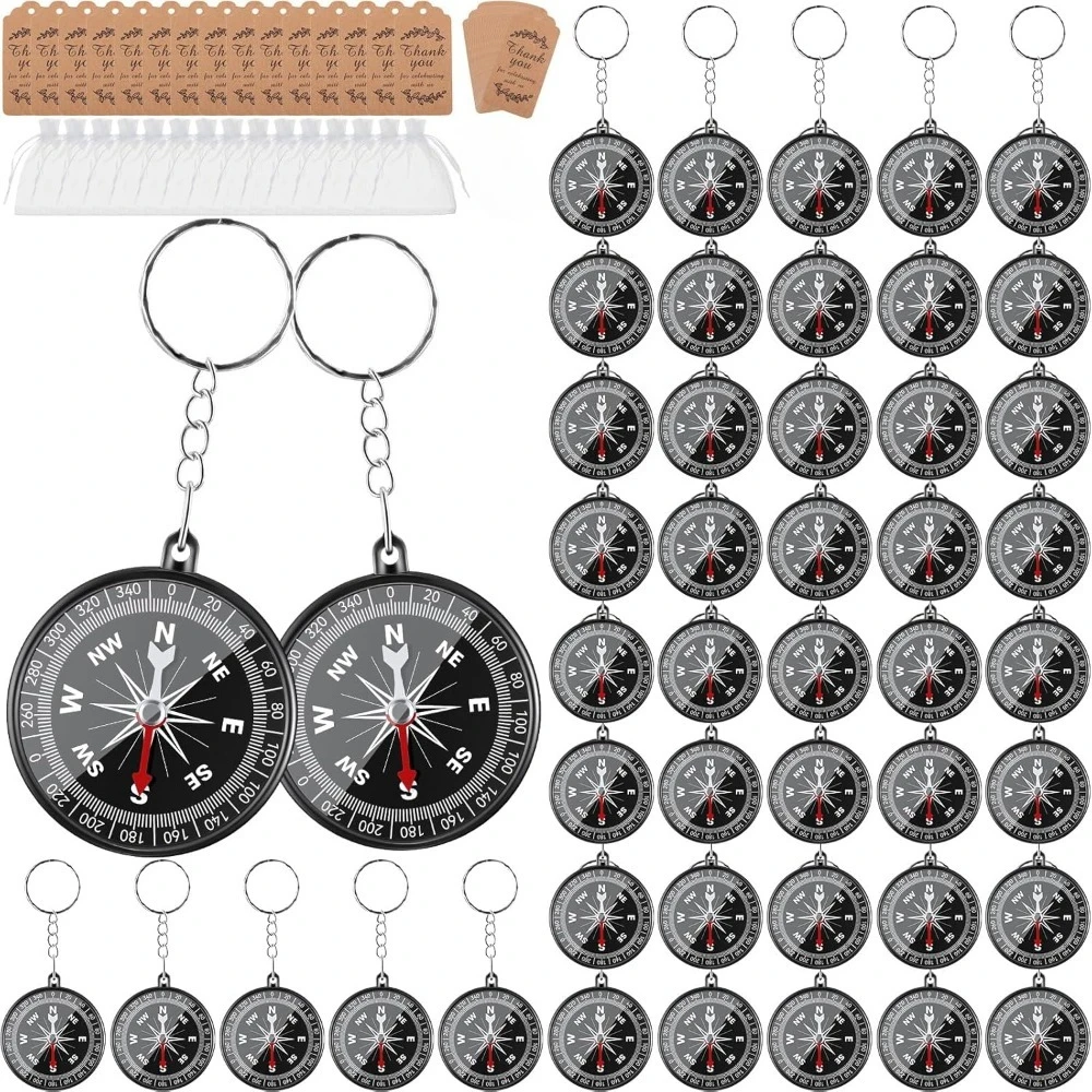 Conjunto de 12/24/48 Mini Bússolas com Etiquetas Kraft e Sacos de Organza Brancos para Lembrancinhas de Casamento, Aniversário, Náutica e Viagem
