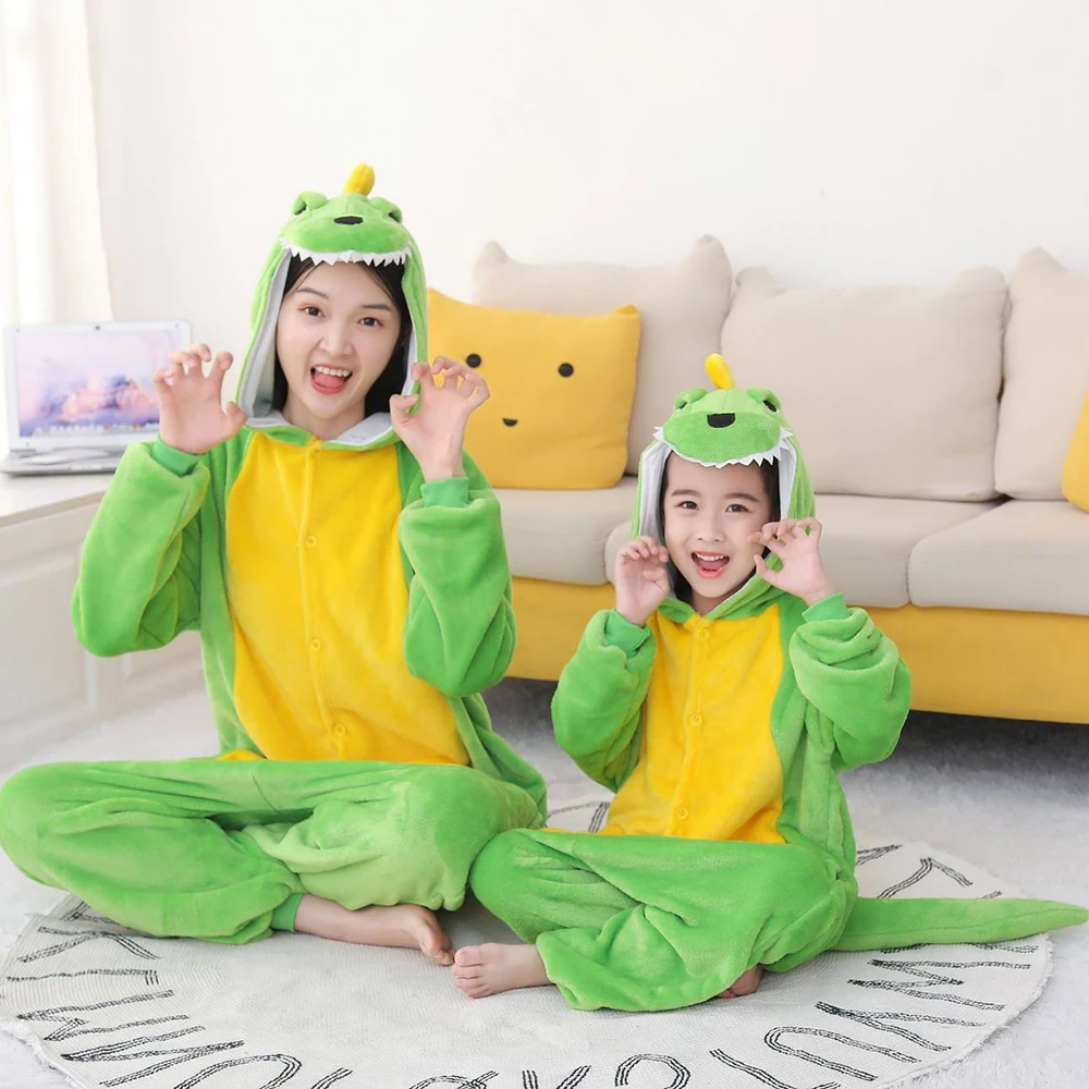 Dinosaur Onesies Kigurumi pigiama Set per donna e uomo bambini One Piece Hooded flanella tute calde Costume Cosplay di Halloween