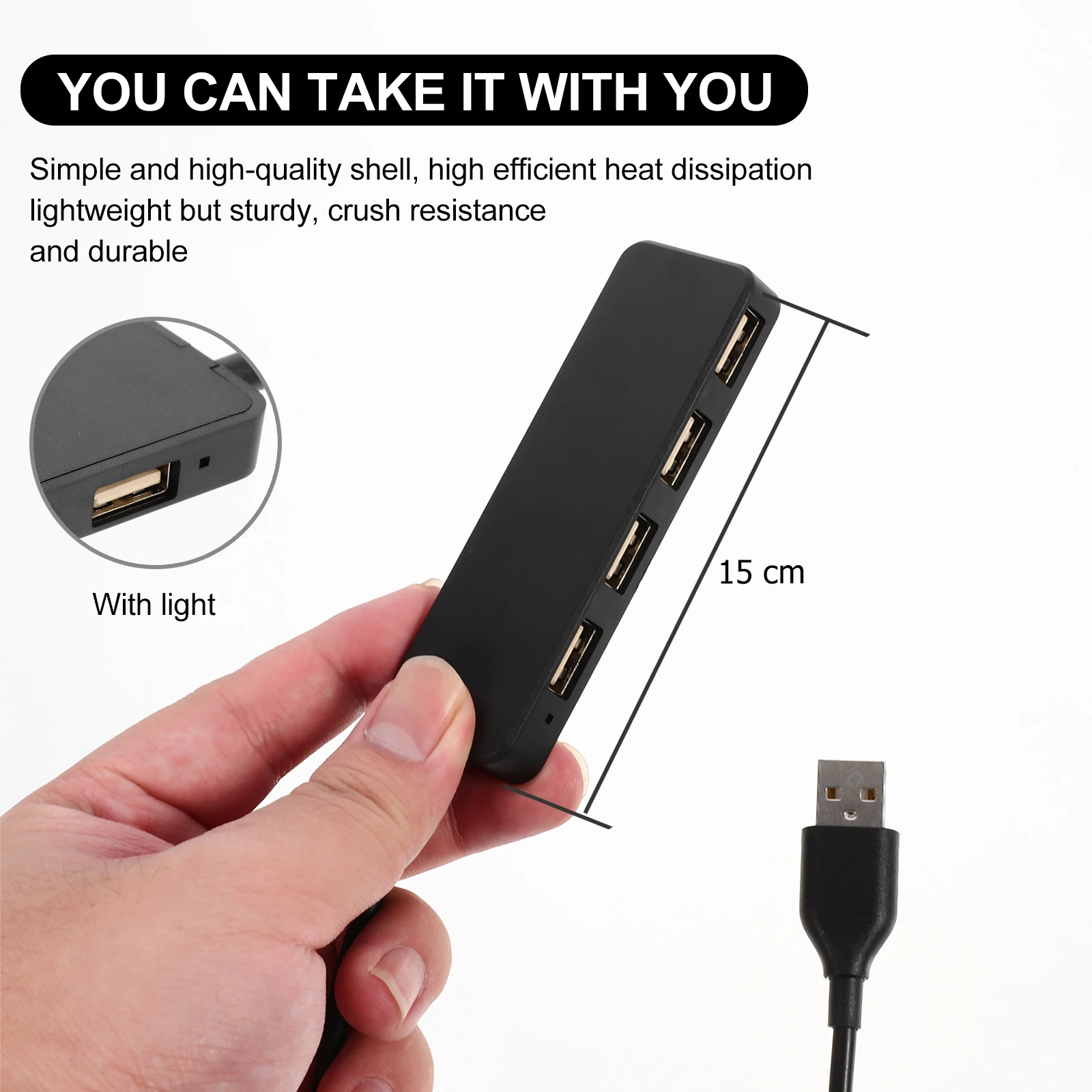 

One 4 Port USB 2.0 Hub Ultra Thin Splitter Black ABS Plastic Efficient Heat Dissipation Durable Multi Functional Computer