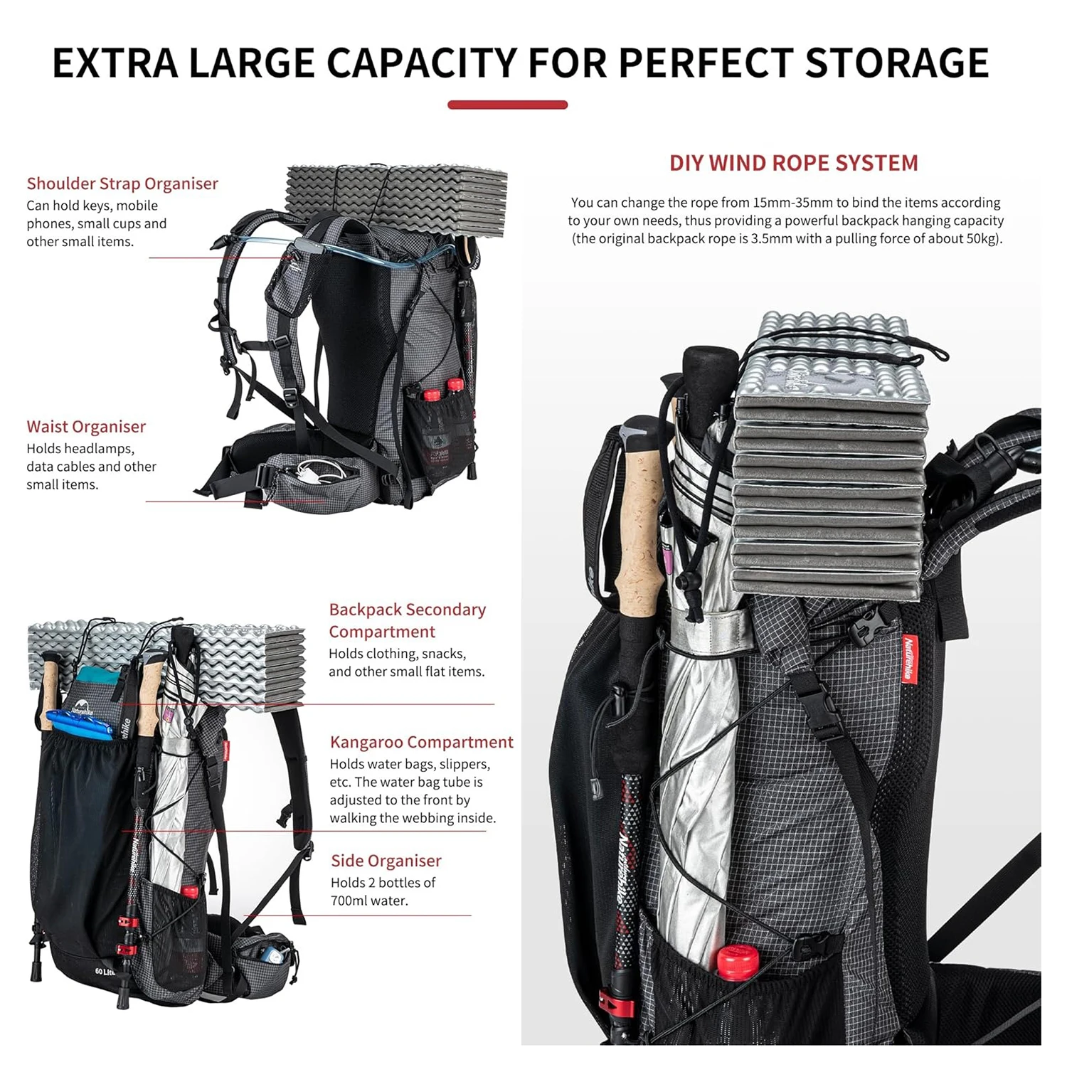 Naturehike 60+5L Waterproof Hiking Backpack with Rain Cover 5