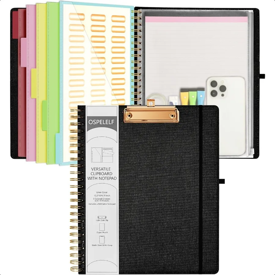 

Black Foldable Spiral Clipboard Folio with Storage Zipper Pouch 5 Plastic Folders with 10 Pockets Refillable Lined Notepad 11 x