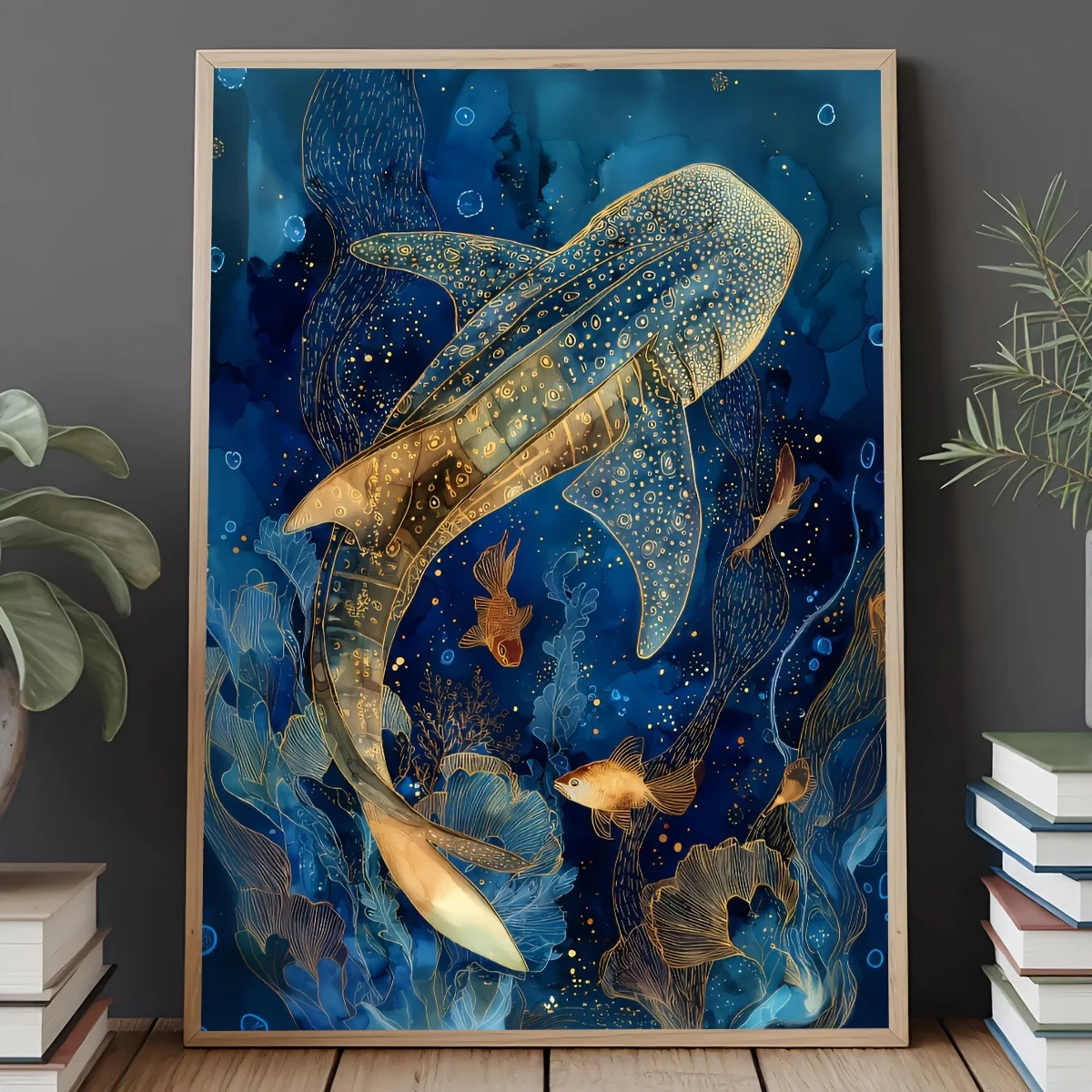 2D Flat, 1pc Frameless Golden Whale Shark - Suitable for Rooms, Modern Minimalist Ocean Wall Art with Golden Whale Shark, Reu