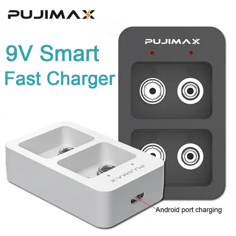 PUJIMAX  2 Slots Smart Fast Battery Charger With LED Indicators USB Cable For 9V Ni-MH/Ni-Cd/Li-ion Rechargeable Batteries