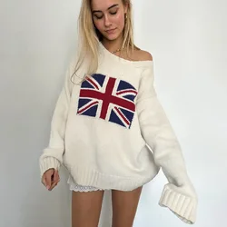 UK USA Flag Knitted Sweater Loose Fit Long Sleeve Autumn Warm Sweatshirt Women Tops Pullover O-neck Casual Sweater Outerwears