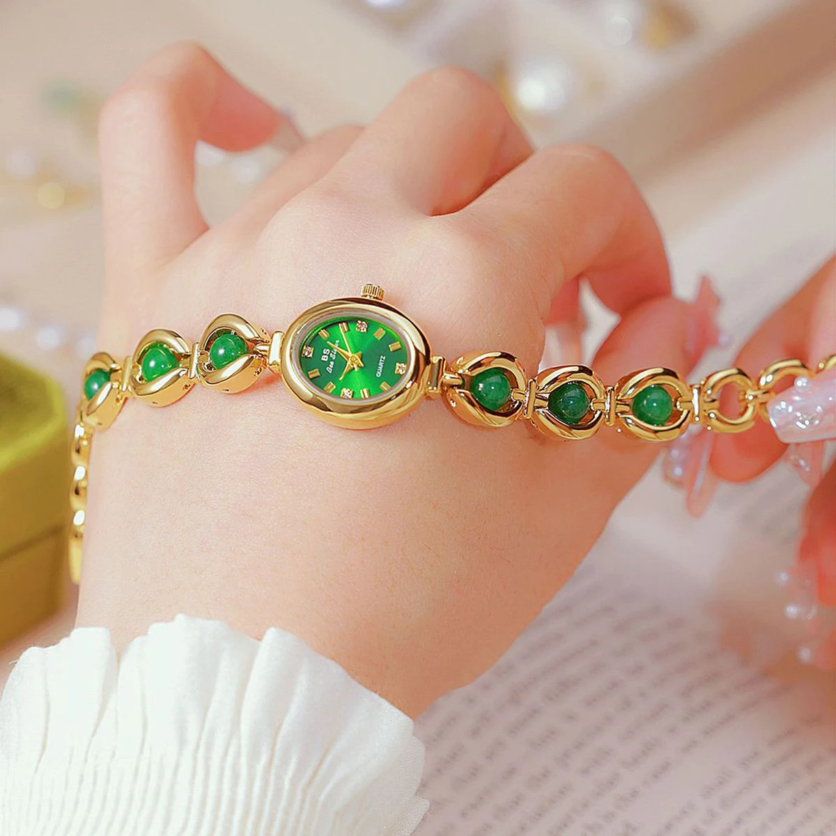 Green Jade Jadeite Jewelry Watches For Women Gold Bracelet Quartz Watch 2024 New Ladies Vintage Dress Watch