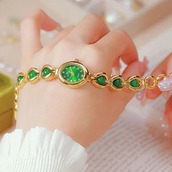 Green Jade Jadeite Jewelry Watches For Women Gold Bracelet Quartz Watch 2024 New Ladies Vintage Dress Watch