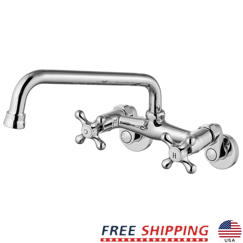 Adjustable Wall Mount Kitchen Faucet with Double Cross Handle in Chrome Finish Commercial Design 3-9 Inch Adjustable Hole