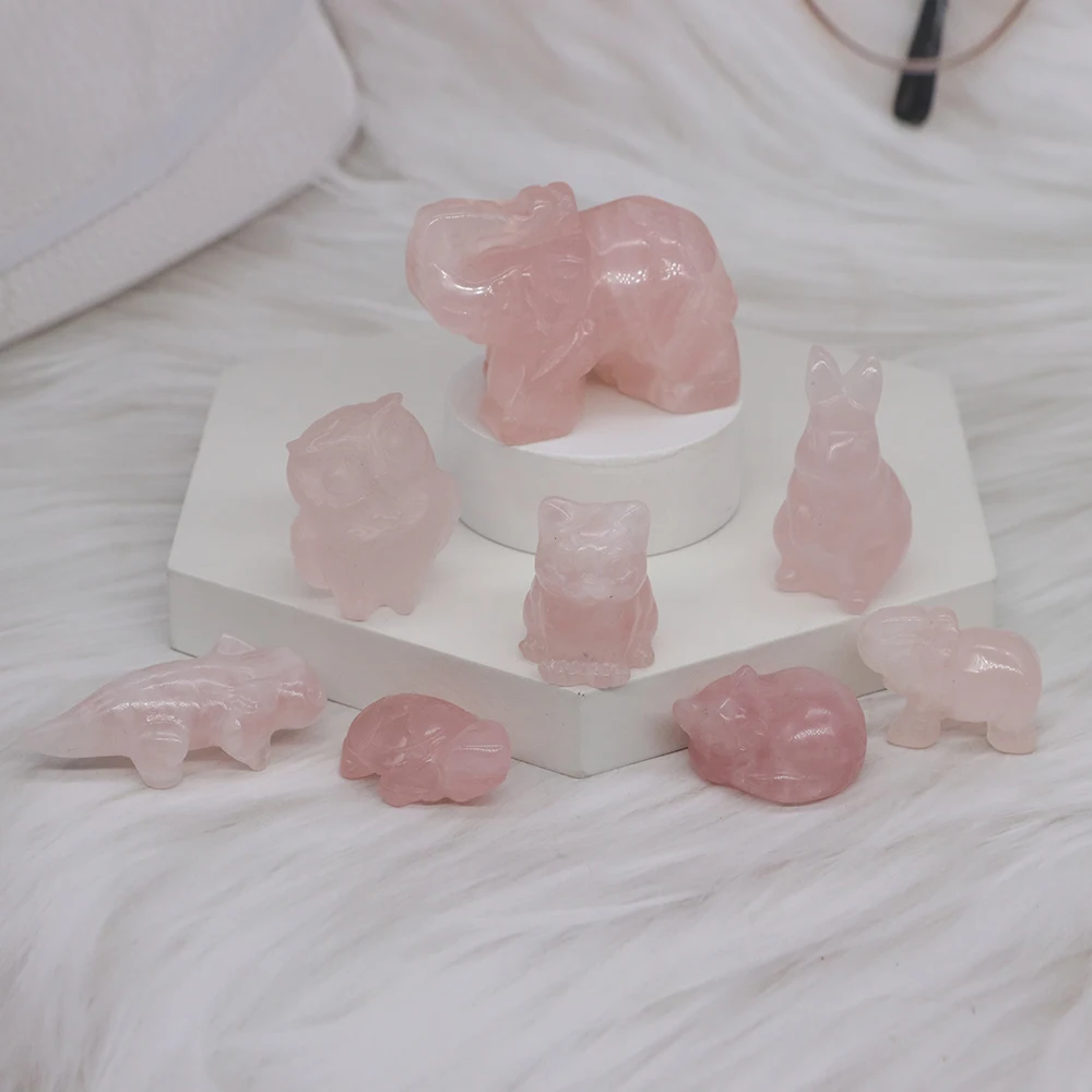 10PCS/Set Natural Rose Quartz Stone Hand Carved Animals Statue Ornaments Healing Crystals Energy Gems Figurine Home Crafts Decor