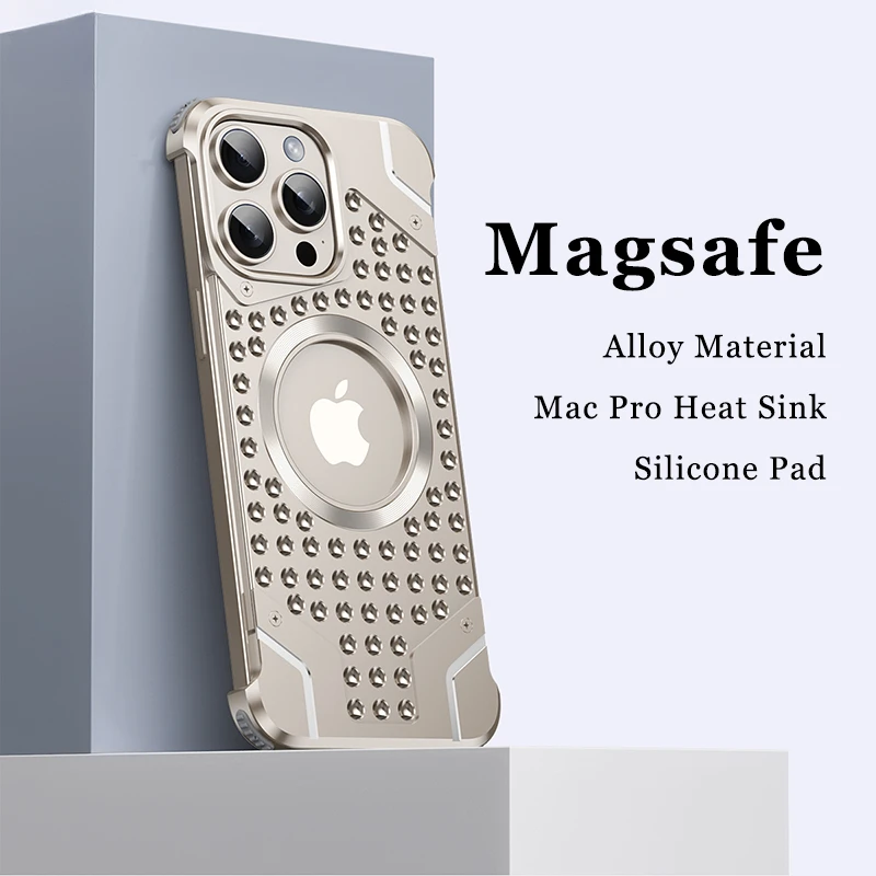 

Metal MacPro Heat Dissipation Sink Holes Rimless Phone Case For Iphone 14 15 16 Pro Max 15Pro Magsafe Cooling Logo Hollow Cover