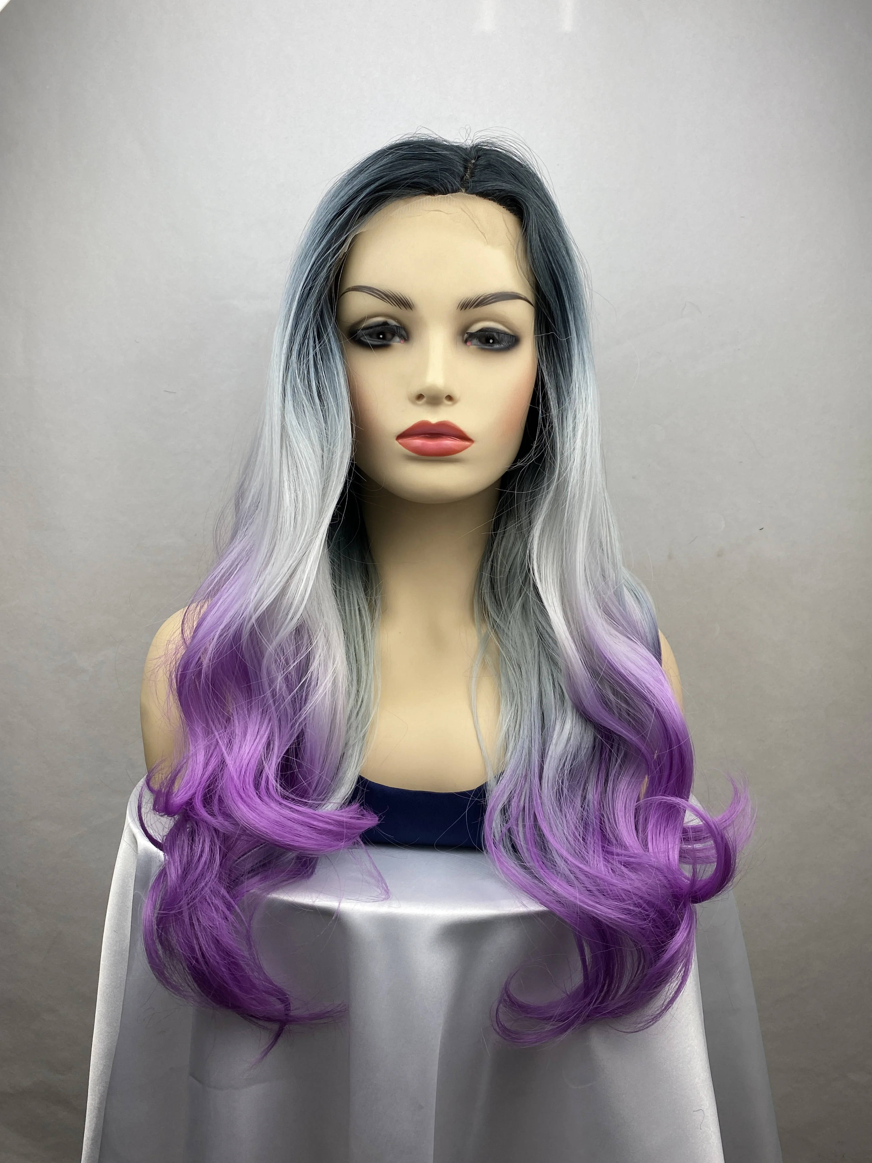 Peluca frontal de encaje rizado de cuerpo largo para mujer, negro, gris, Morado, pelo ondulado degradado, peluca de jengibre, Cosplay