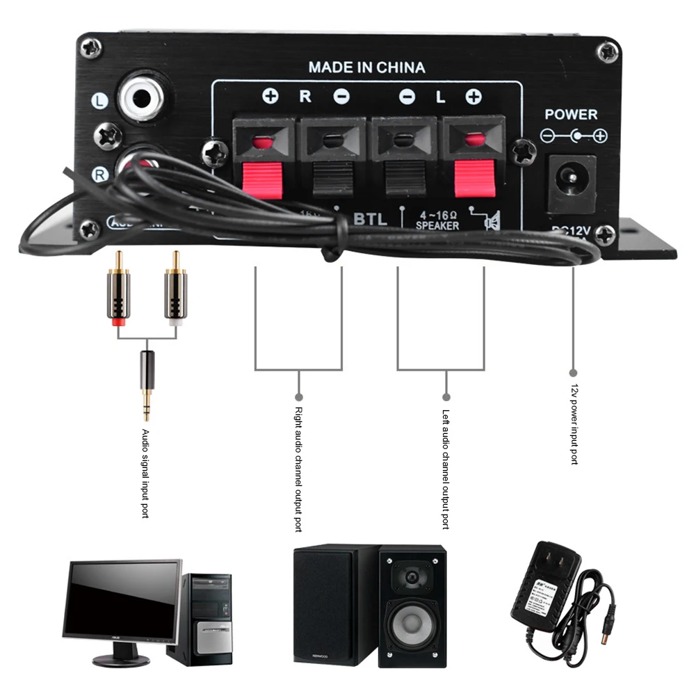 AK-370 Audio Power Amplifier 20W+20W Auto Music Subwoofer Speaker DC 12V Digital Audio Amplifiers Mini HIFI Stereo USB OTG Input