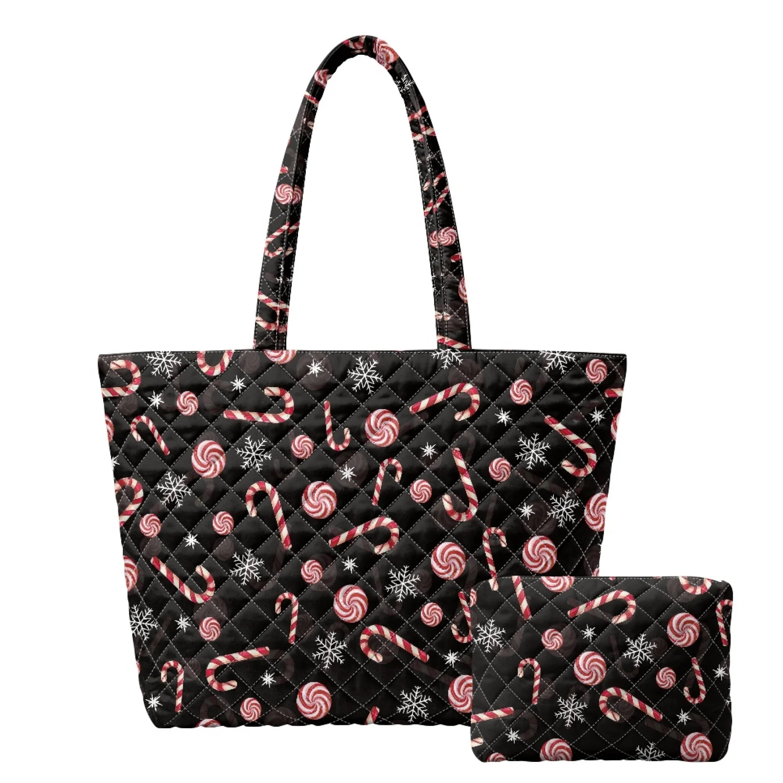 Coloranimal Candy Cane Print 2 Packs Quilted Tote Bags Portable Purses and Handbags Set for Excursions