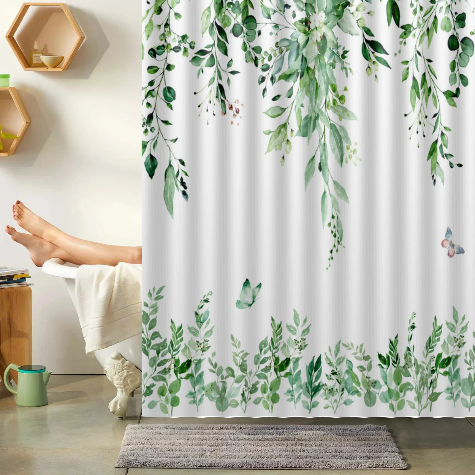 Green Plants Eucalyptus Shower Curtain with Hooks Waterproof Polyester Fabric Bathroom Modern Minimalist Curtains for Bath Room