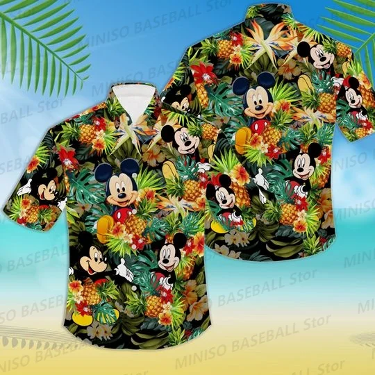 New Summer Disney Boy&Girls Mickey Mouse Head Printed Cartoon Shirt KID/Adult Vacation Casual Hawaiian Shirt Children\'s Clothing