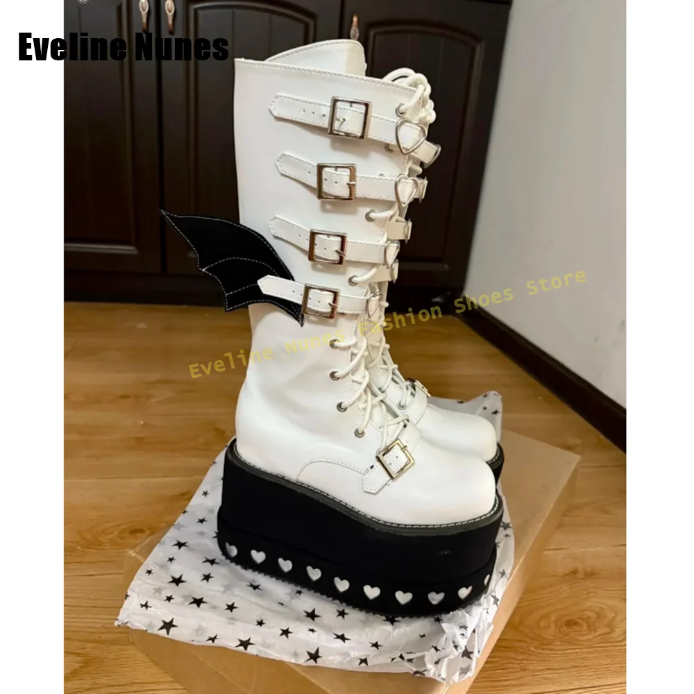 White Gothic Bat Wing Platform Wedge Boots Round Toe Belt Buckle Cross Tied Women Punk Lace Up Patchwork Knee High Shoes Trend