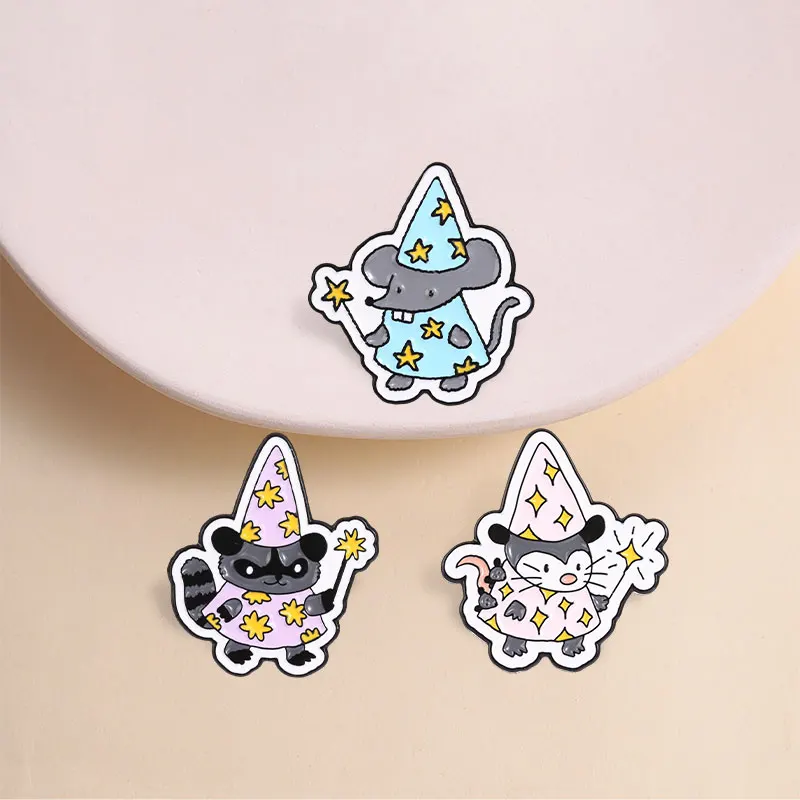 Possum Wizard With Star Robe Enamel Pin, Cute Magical Animal Brooch With Wand For Fantasy Lovers And Whimsical Gift Style