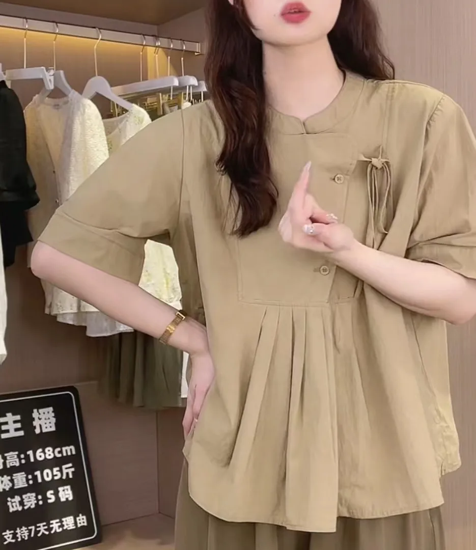 Camisa de manga curta estilo chinês feminina, blusa solta, moda, verão