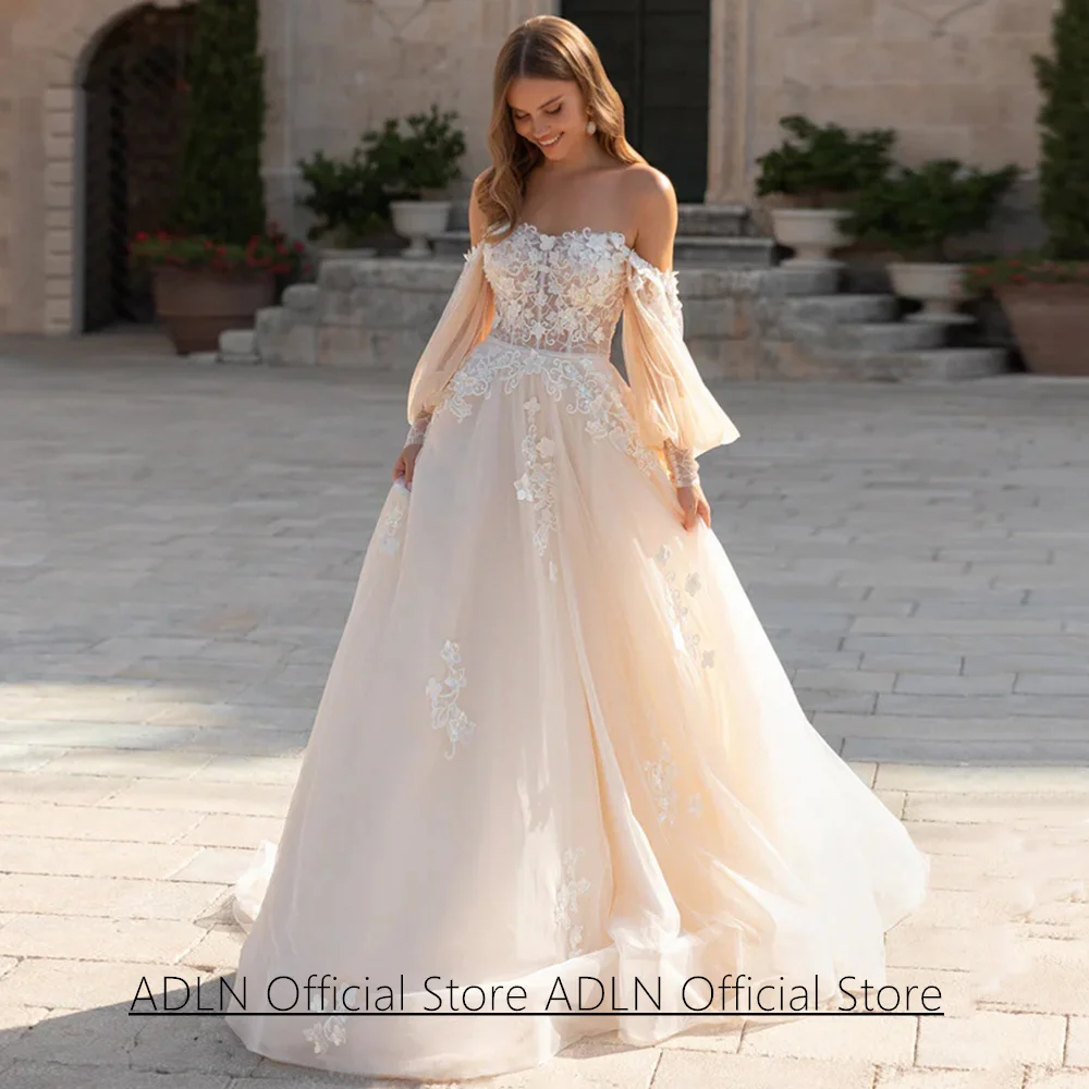 Prinzessin Hochzeitskleid Vestido De Noiva Maßgeschneiderte Puffärmel Durchsichtige Applikation A-Linie Champagner Brautkleid Brautkleider