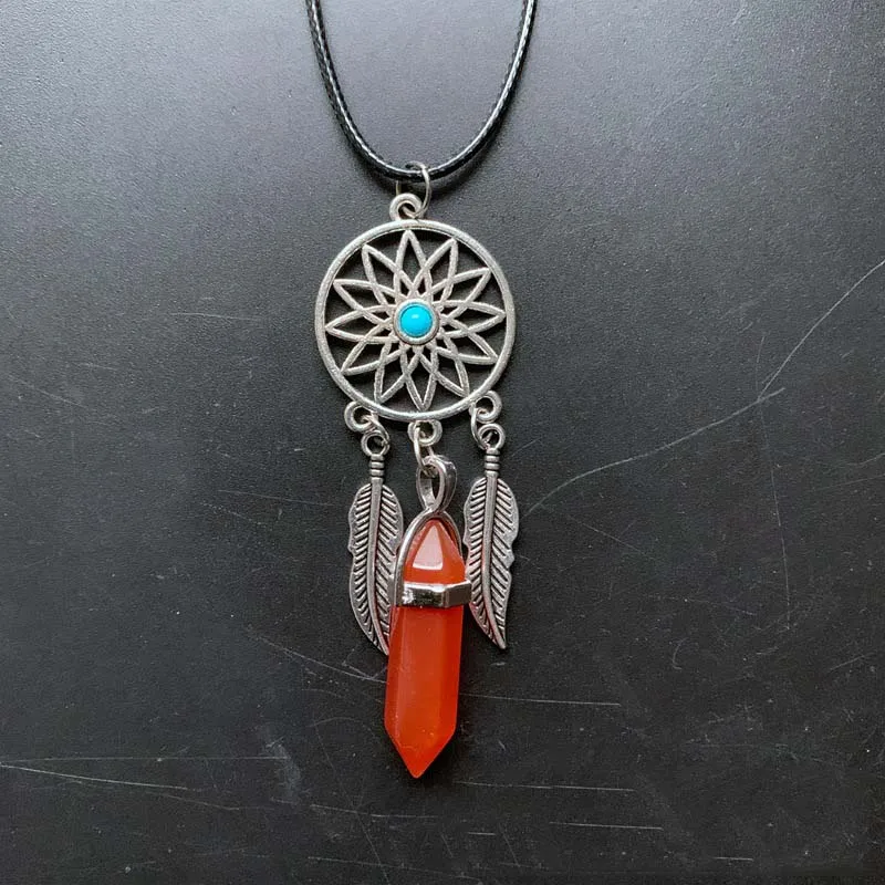 Dreamcatcher feather necklace with natural stone hexagonal column pendant