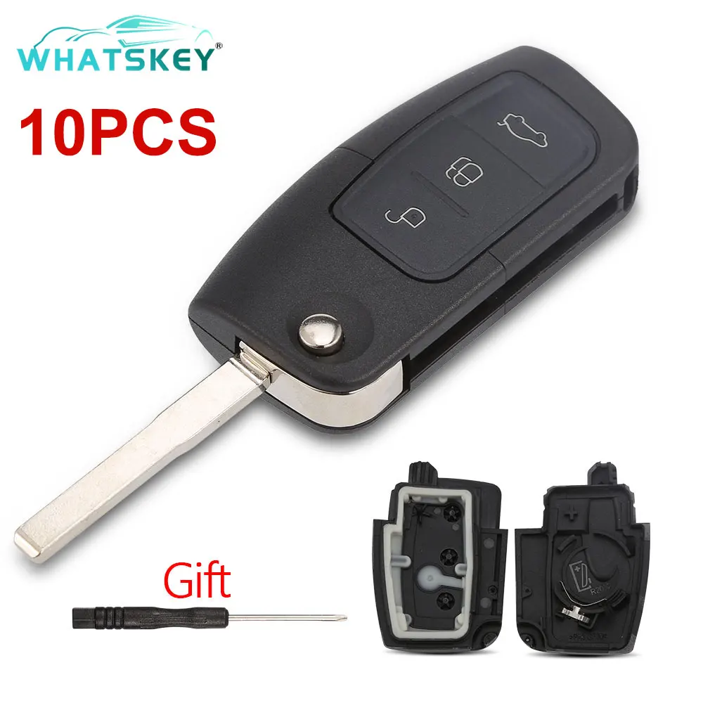 WhatsKey 10ชิ้น/ล็อต3ปุ่มพลิกพับกุญแจรถ Fob สำหรับ Ford Focus 2 3 Fiesta C max Ka S Max Galaxy Mondeo