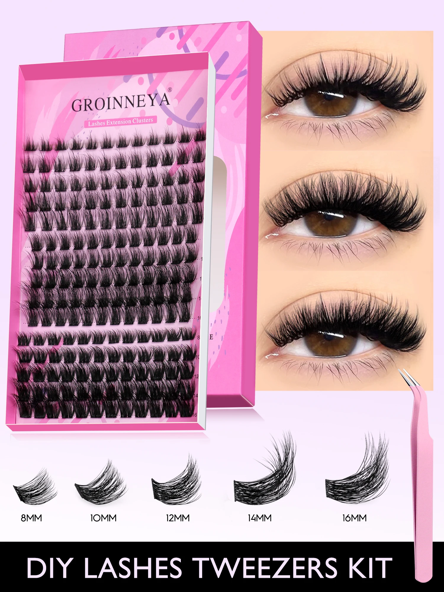 GROINNEYA DIY Cluster Lashes Mixed Tray Individual Lashes Volume Eye Lashes Soft Natural Lashes Mink Lash Cluster False Eyelash