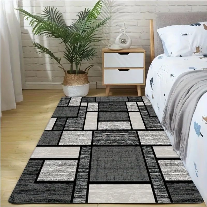 Gray Geometric Block Pattern Area Rug Non Slip Mat for Living Room Bedroom Modern Minimalist Home Decor Abstract Check Perfect