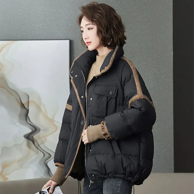 Casaco de algodão grosso grosso para baixo feminino, jaqueta puffer de inverno, manga comprida, acolchoado, moda coreana, casacos com zíper, preto, cinza