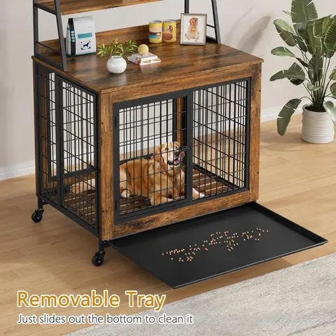 38 Inch Dog Crate Furniture with Storage Shelves, Dog Kennel End Table with Wheel, Large Indoor Wooden Pet Cage with Tray