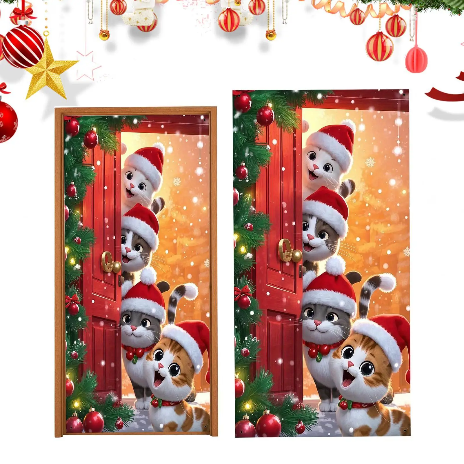 Front Door Christmas Cover Cute Reusable Waterproof Christmas Door Decorations Outdoor Banner For Indoor Outdoor Office