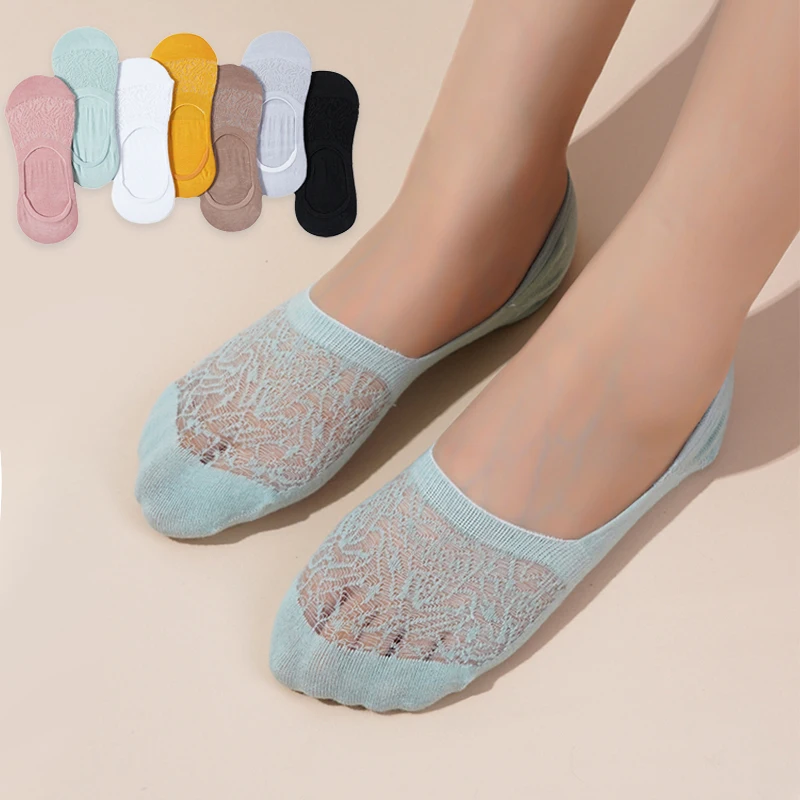 

Womens Lace Mesh Cotton Boat Socks Girls Summer New Thin Invisible Shallow Mouth Short Breathable Crew Socks Non-slip Silicone