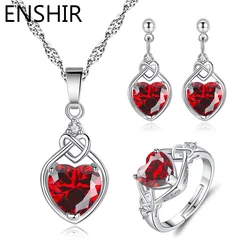 ENSHIR Red Zircon Love Heart Pendant Necklace Earrings Ring Sets for Women Romantic Engagement Party Jewelry Sets Wholesale