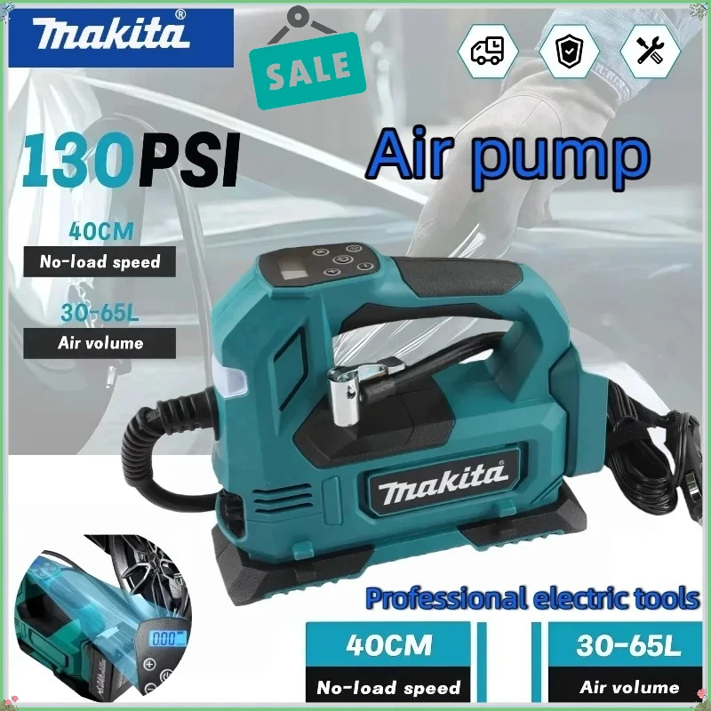 

Беспроводной воздушный насос Makita 18V с литий-ионным аккумулятором, портативный насос для накачки шин с цифровым дисплеем для автомобилей и мотоциклов.