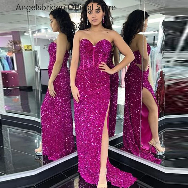 Angelsbridep Fuchsia Mermaid ชุดราตรีพิเศษโอกาสผู้หญิงสวมใส่พรหมชุด Sweetheart Slit Saudi Arabia Gowns อย่างเป็นทางการ