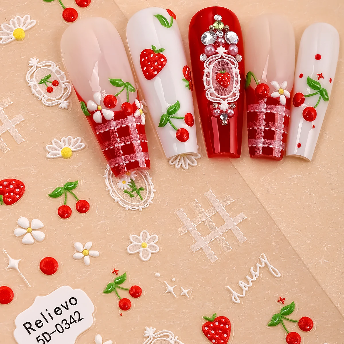 2 szt. Świeże, słodkie naklejki na paznokcie z motywem owoców, naklejki 5D z truskawkami, wiśniami i brzoskwiniami, samoprzylepne ozdoby do paznokci, do samodzielnego zdobienia manicure.