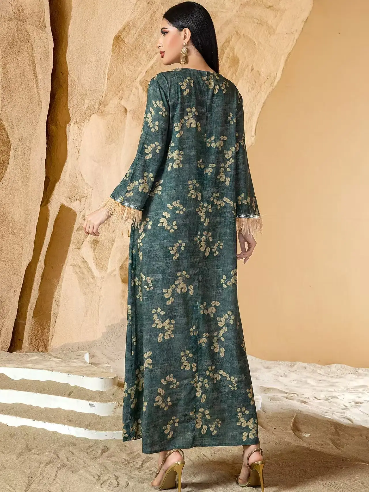 Middle East Retro Print V-ne Feather Sve Diamond-studded Gown Long A-line Dr High Waist Evening Gown for Women