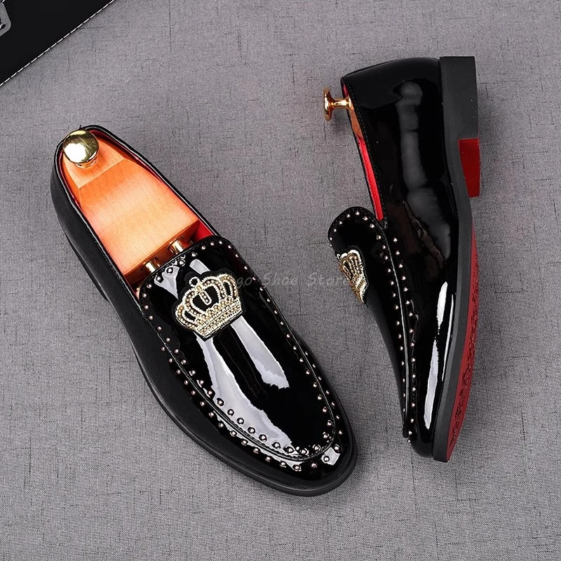 

Patent Leather Men's Shoes Loafers Rivets Decor Soft Comfortable Casual Business Formal Shoes Breathable Running Shoes