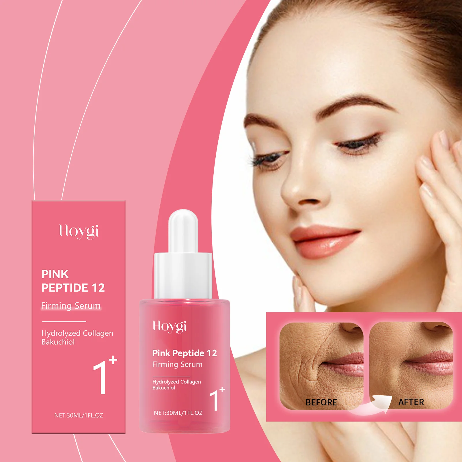 Pink Peptide 12 Firming Serum - 30ml Wajah Anti Penuaan Mengencangkan Kulit & Meningkatkan Elastisitas - Hasil Terlihat dalam 2 Minggu - 1 Fl Oz"