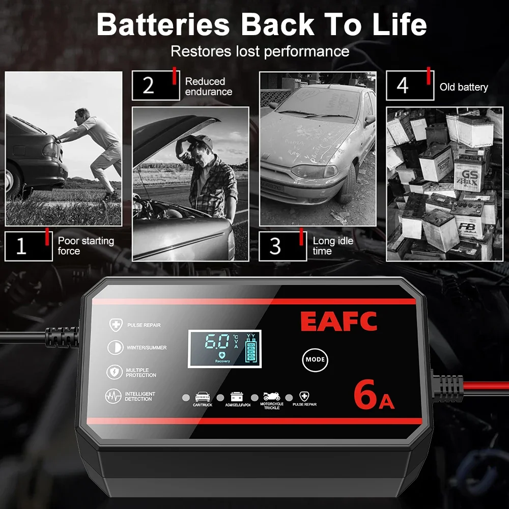 EAFC 6A /8A 12V Intelligentes Autobatterieladegerät Auto- und Motorradbatterieleinheit Blei-Säure-Batterie-Reparatur LCD-Display – Detail 3