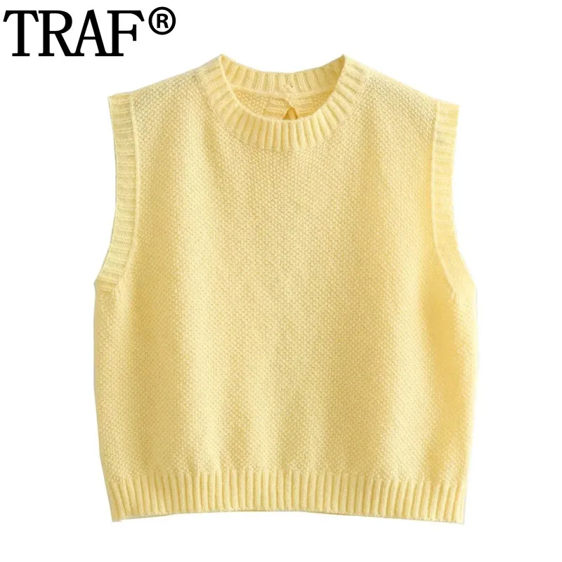 TRAF 2023 Backless Knitted Vest Women Yellow Crop Top Female Y2K Sleeveless Vest Woman Autumn Cropped O-Neck Pullovers Jerseys