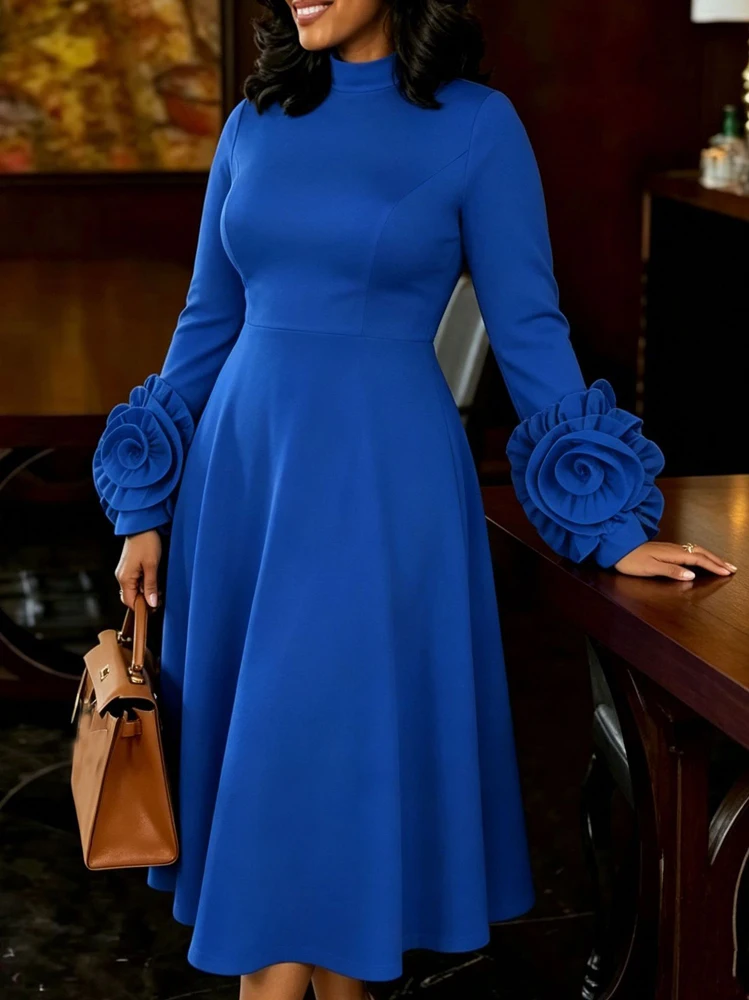 JENYAGE Damen schickes Midikleid mit hohem Kragen und langen Ärmeln, 3D-Rosenblüten-Manschetten, schmal geschnitten, A-Linie, einfarbig, dehnbar, elegantes formelles Partykleid – Detail 3