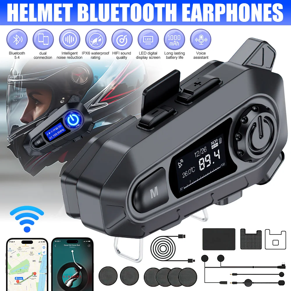 

Мотоциклетный шлем, гарнитура для внутренней связи, Bluetooth 5,4, IPX6, водонепроницаемая, с ЖК-цифровым дисплеем, функция FM, шумоподавление