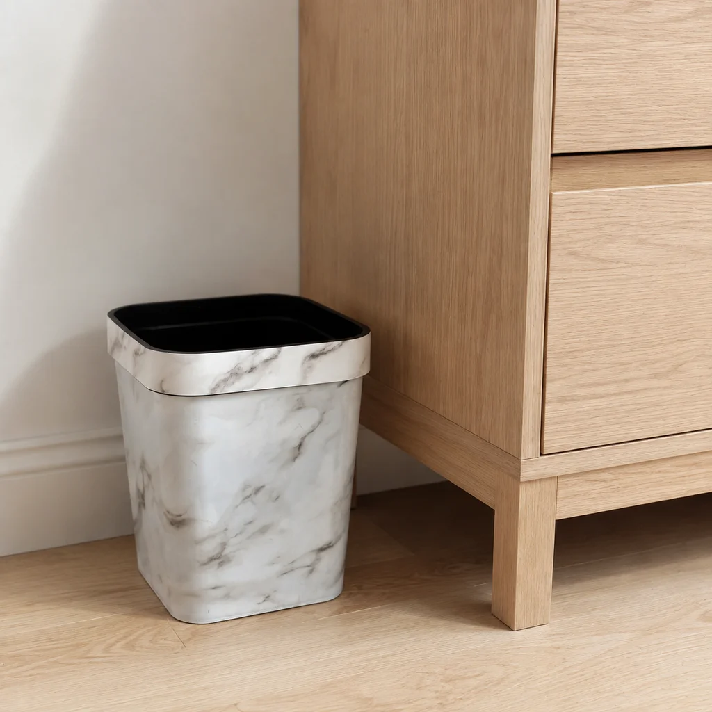 Apartment‑Friendly Square Trash Can 16L, Marble‑Look Waste Basket with Press‑Ring, White & Black Interior‑Exterior Design