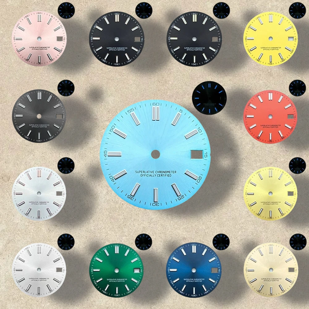 

28.5mm S Logo Sunburst Dial Fit NH35/NH36/4R Japanese Movement Blue Luminous High-Quality Dial Watch Modification Accessories