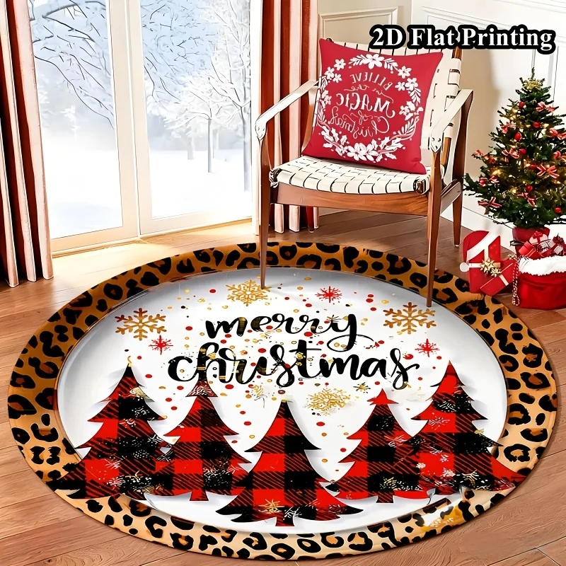 Leopard Border Plaid Tree Merry Christmas Script Round Rug For Window Seat With Wild Holiday Carpet
