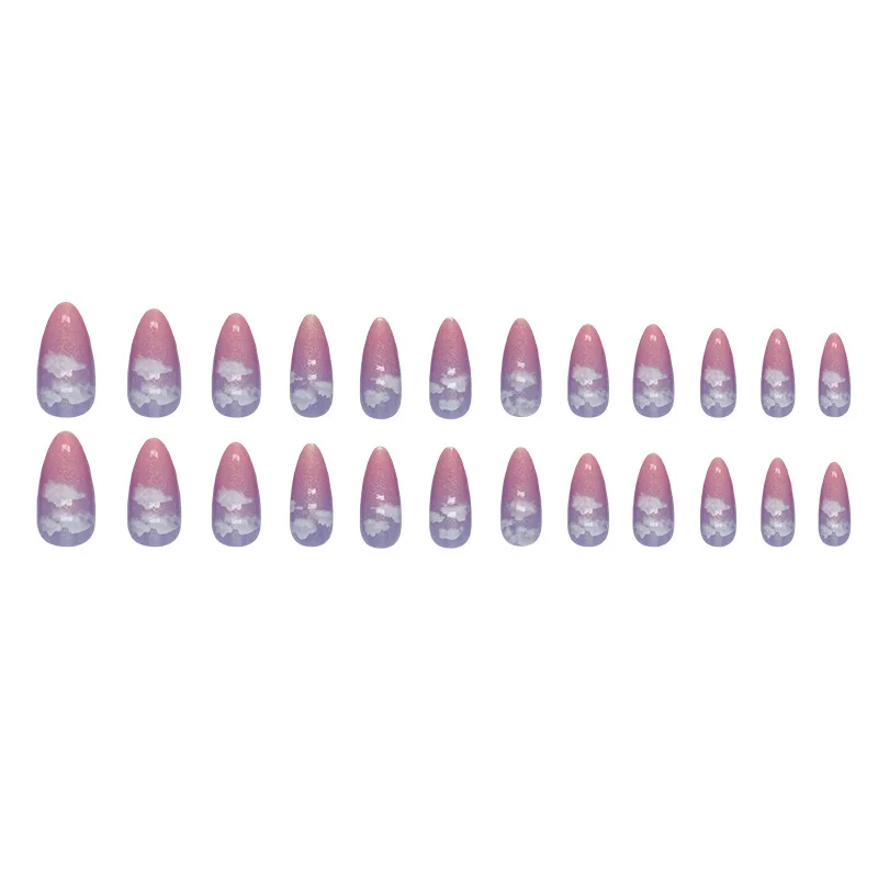 24pcs Dreamy Press-On Nails - Purple to Red Ombré With White Clouds Long Almond Fantasy Sky Style False Nails With Wearing Tools