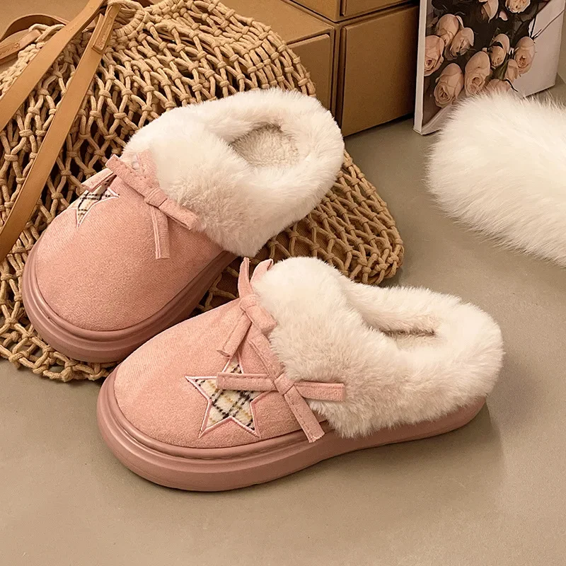 Women Winter Star Bow Plush Slippers Cute Fluffy Soft Warm Fleece Lining Non Slip Indoor Bedroom Cozy House Thick Sole Footwear