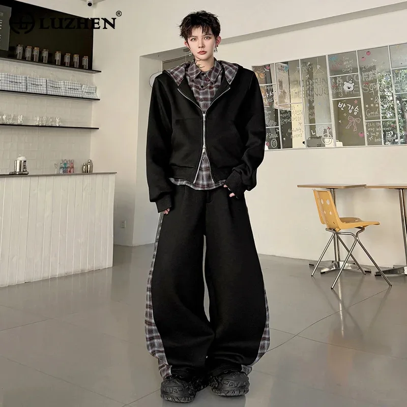 LUZHEN 2026 Autumn Checked Printed Patchwork Niche Design Two-piece Sets Men Fashion Hoodies Loose Straight Casual Pants JY8709
