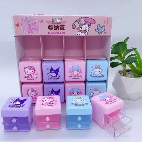 Imagen 2 del producto 12 Uds. Caja de almacenamiento con cajón de dibujos animados Sanrio Cinnamoroll My Melody Kuromi Mini caja de acabado de joyería doble caja de joyería regalos